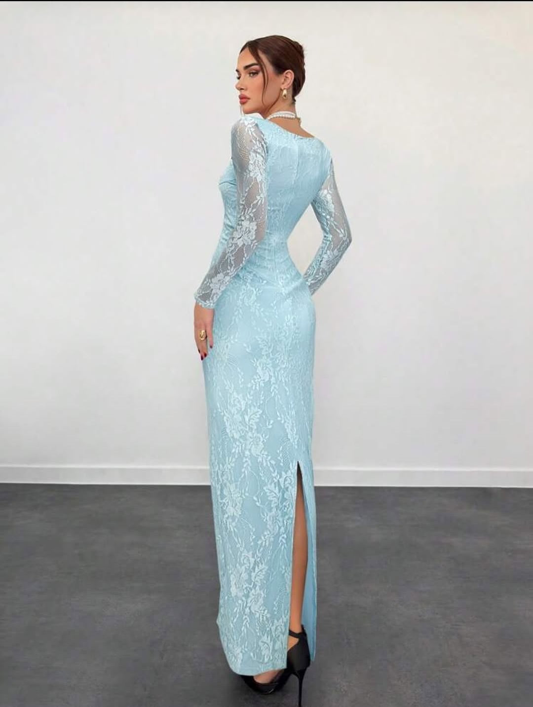 Blue Lace Square Neck Long Sleeve Mermaid Slit Evening Dress Floor-Length