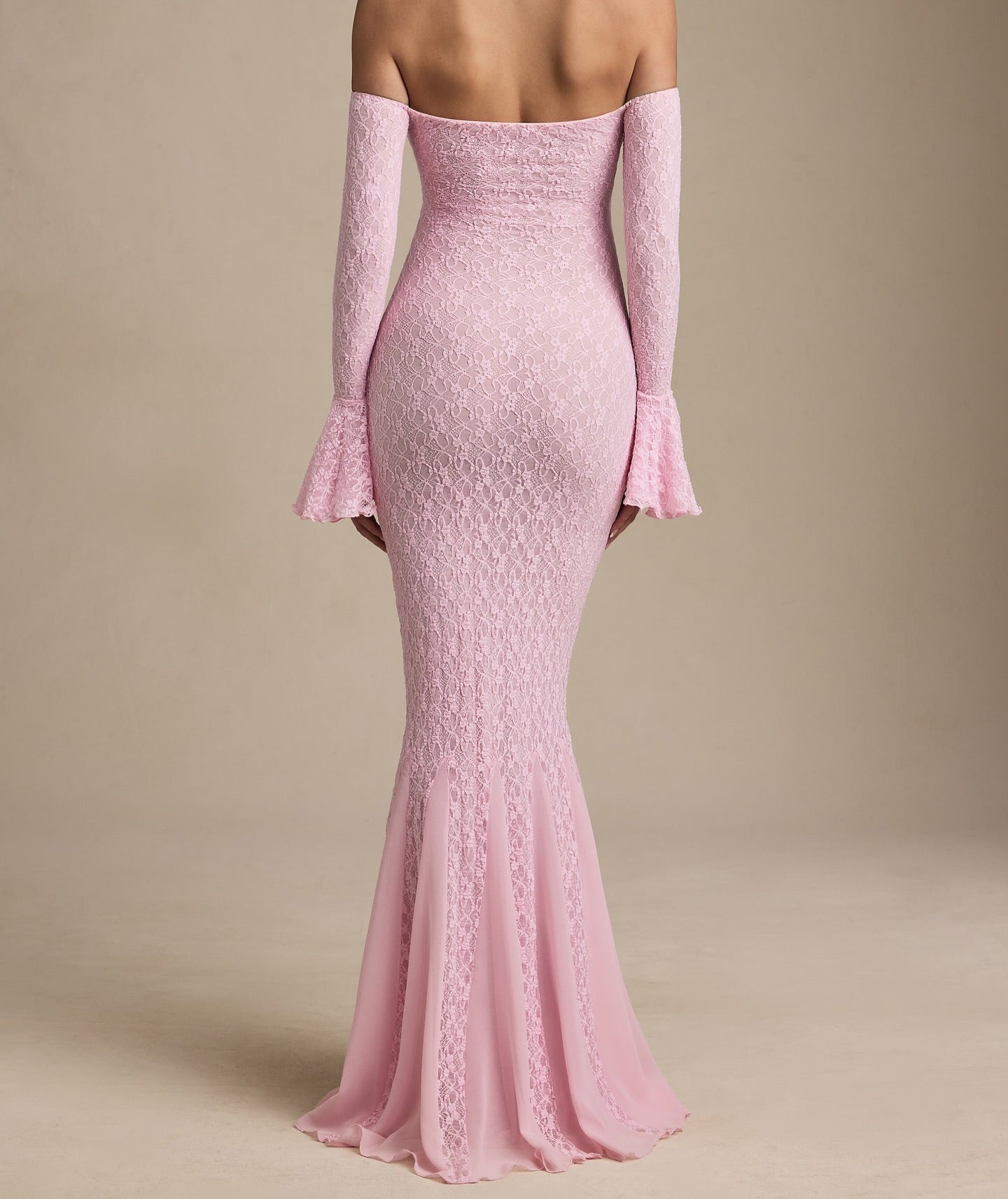Elegant Pink Off the Shoulder Lace Long Sleeve Mermaid Evening Dress Floor-Length
