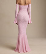 Elegant Pink Off the Shoulder Lace Long Sleeve Mermaid Evening Dress Floor-Length
