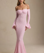 Elegant Pink Off the Shoulder Lace Long Sleeve Mermaid Evening Dress Floor-Length