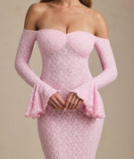 Elegant Pink Off the Shoulder Lace Long Sleeve Mermaid Evening Dress Floor-Length