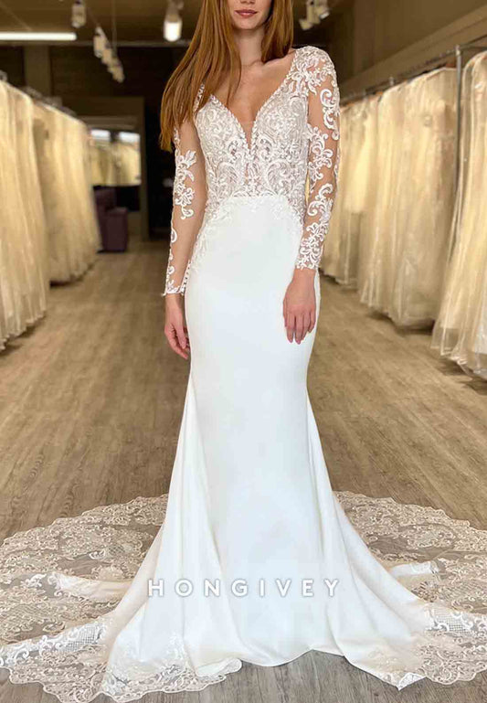 Lace Trumpet V Neck Chapel Train Long Sleeve Wedding Dresses