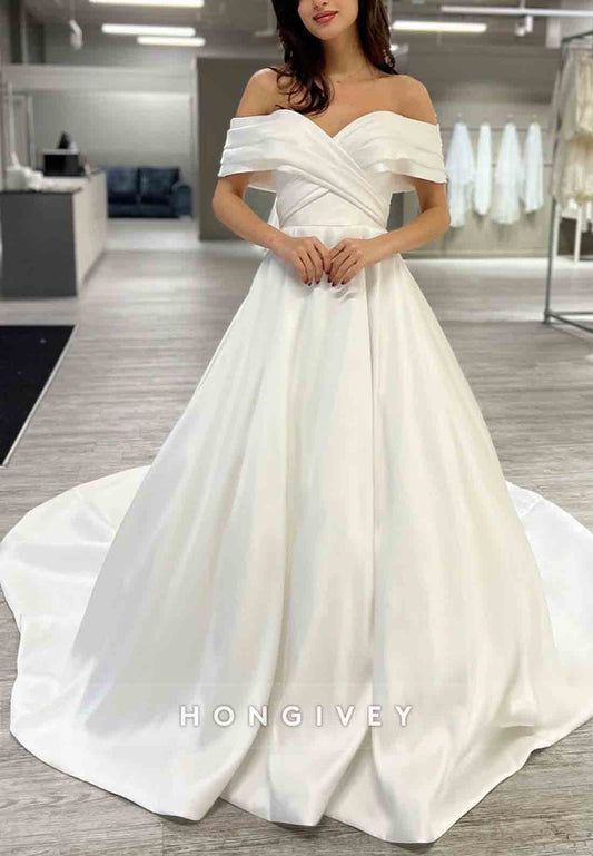 Off the Shoulder A-line Chapel Train Covered Button Pleated Wedding Dresses