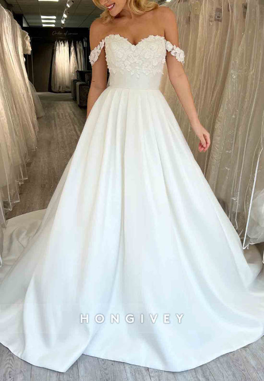 Off the Shoulder A-line Low Back Pleated Satin Sweetheart Flowers Wedding Dresses
