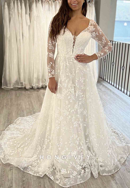 V Back A-line Court Train V Neck Lace Long Sleeve Wedding Dresses