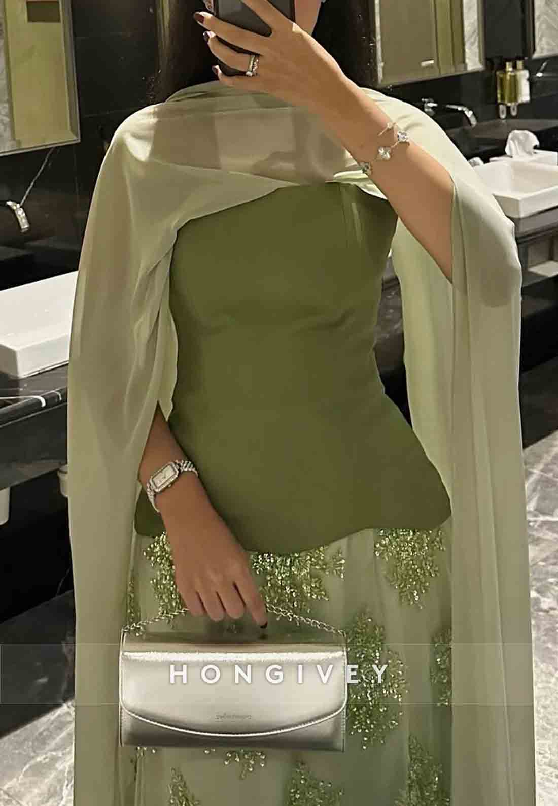 A-Line Cloak Beading Ankle-Length Side Draping Pleated Flowers Evening Gowns