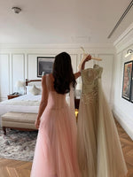 Pink Tulle A-Line Spaghetti Straps Beaded Flowers Sleeveless Prom Dress