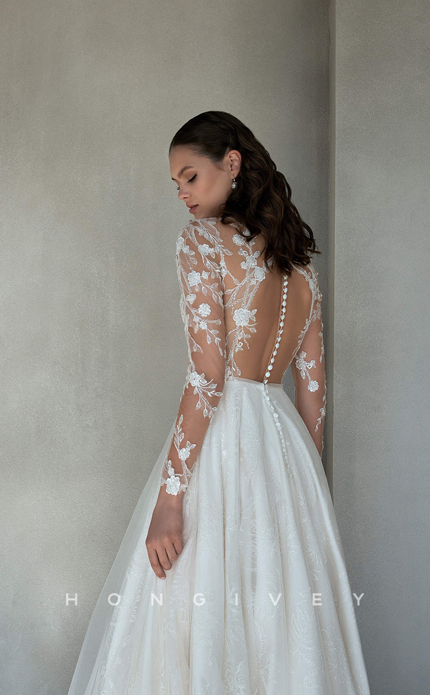 H0820 - Allover Lace Embroidered Pearl Embellished Sheer With Overlay And Train Wedding Dress