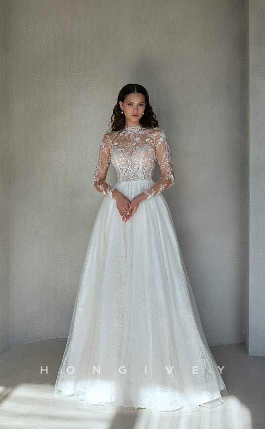 H0820 - Allover Lace Embroidered Pearl Embellished Sheer With Overlay And Train Wedding Dress