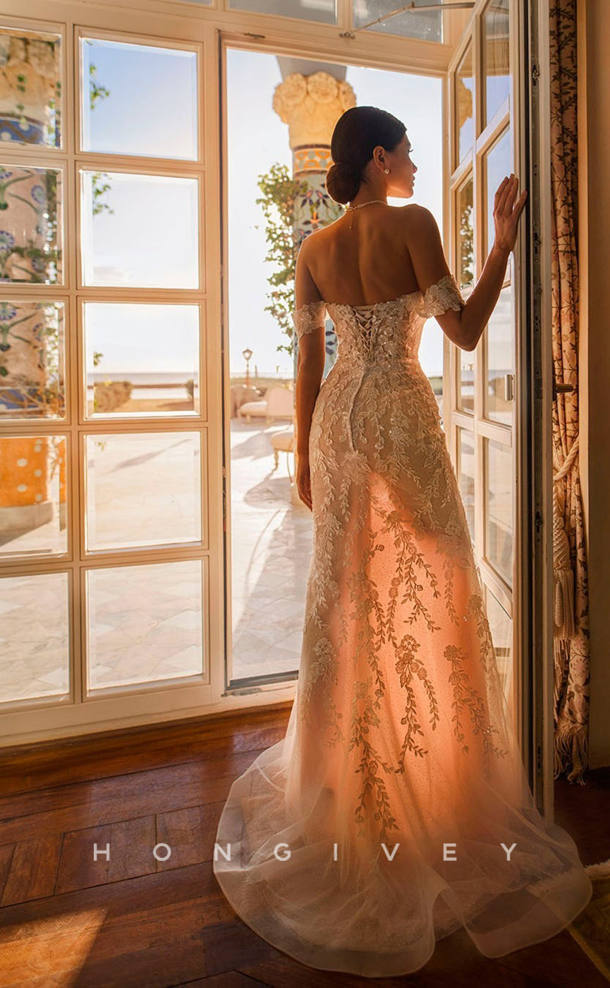 H0828 - Sheer Fully Floral Embroidered With Lace Backless Mermaid With Overlay And Tulle Train  Romantic Wedding Dress