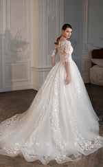 H0838 - Sheer Fully Floral Embroidered Crystal Beaded With Lace With Tulle Train  Romantic Wedding Dress