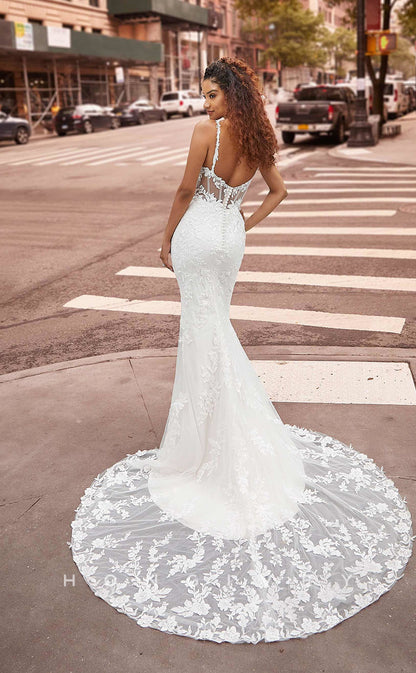 H0835 - Sheer Floral Embroidered Lace  Mermaid With Overskirt And Tulle Train Pricess Wedding Dress