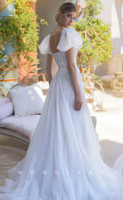 H0819 - Ornate Lace Applique Embroidered Sheer With Tulle Train Wedding Dress