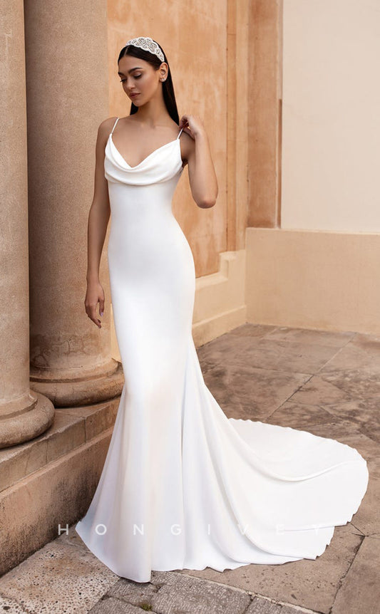 H0837 - Couture Swinging Collar Open Back Buttons Embellished Mermaid With Train Wedding Dress