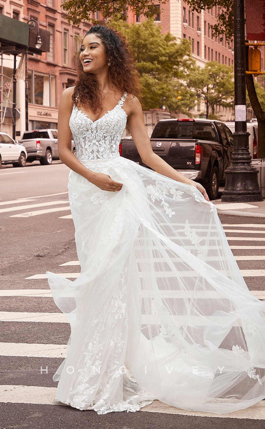 H0835 - Sheer Floral Embroidered Lace  Mermaid With Overskirt And Tulle Train Pricess Wedding Dress