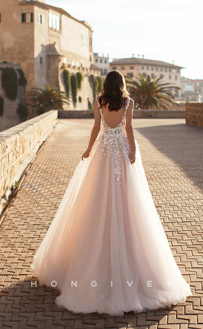 H0821 - Floral Embroidered Lace Sheer Open Back V-Neck With Tulle Train Wedding Dress