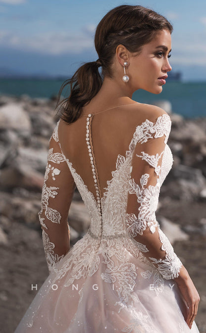 H0822 - Rhinestone Floral Embroidered Lace Applique Sheer Illusion Cutout With Train Wedding Dress