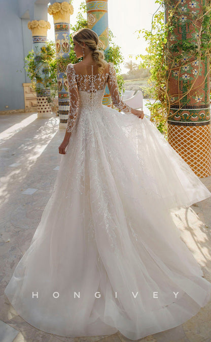H0829 - Sheer Fully Floral Embroidered Crystal Beaded With Tulle Train  Romantic Wedding Dress