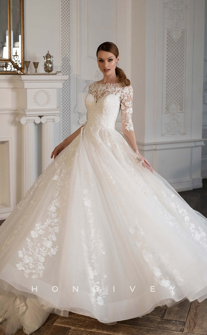 H0838 - Sheer Fully Floral Embroidered Crystal Beaded With Lace With Tulle Train  Romantic Wedding Dress