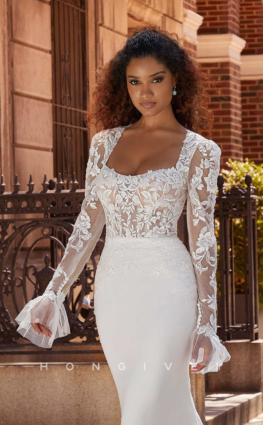 H0834 - Sheer Floral Embroidered Lace Strappy Bell Sleeved Mermaid With Tulle Train Pricess Wedding Dress