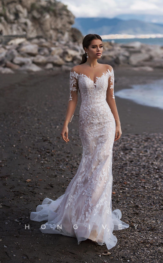 H0832 - Sheer Foliage Motif Allover Lace Embroidered Pearl V-Neck With Tulle Train Romantic Wedding Dress