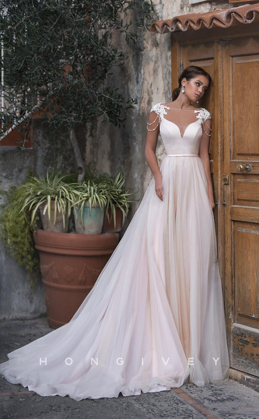 H0831 - Sparkly Illusion Crystal Beaded Floral Embossed With Tulle Train Plunging Neck Dream Wedding Dress