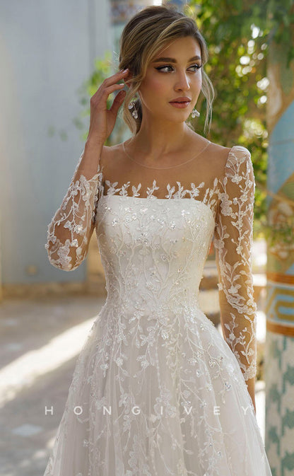 H0829 - Sheer Fully Floral Embroidered Crystal Beaded With Tulle Train  Romantic Wedding Dress