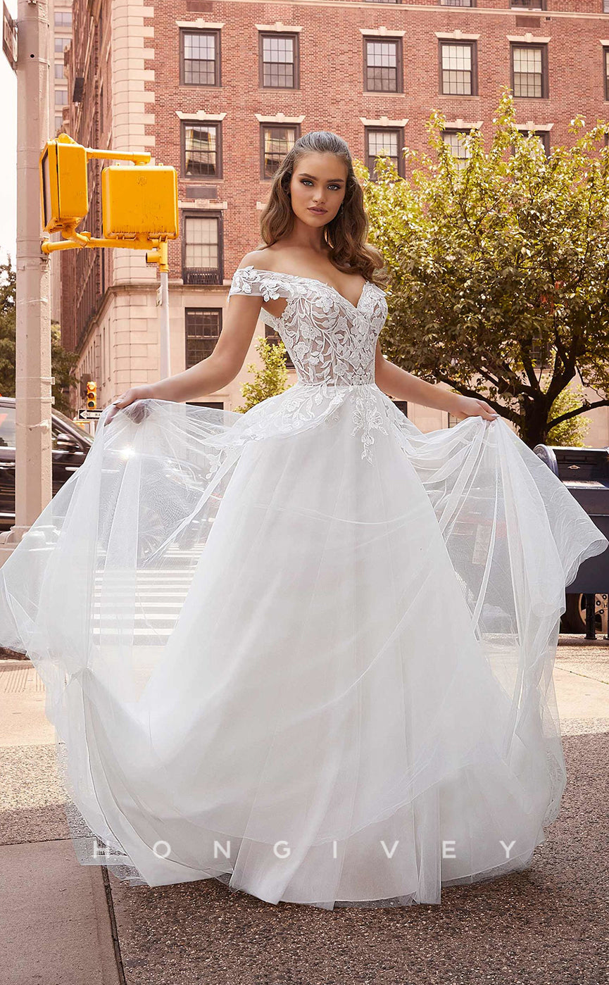 H0833 - Illusion Floral Lace Embroidered With Tulle Train Dream Wedding Dress