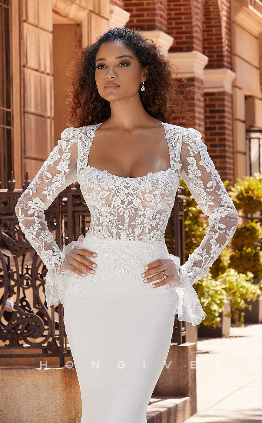 H0834 - Sheer Floral Embroidered Lace Strappy Bell Sleeved Mermaid With Tulle Train Pricess Wedding Dress