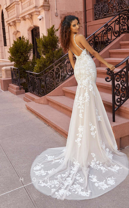 H0836 - Sheer Floral Embroidered Lace Plunging Illusion Mermaid With Overskirt And Tulle Train Pricess Wedding Dress