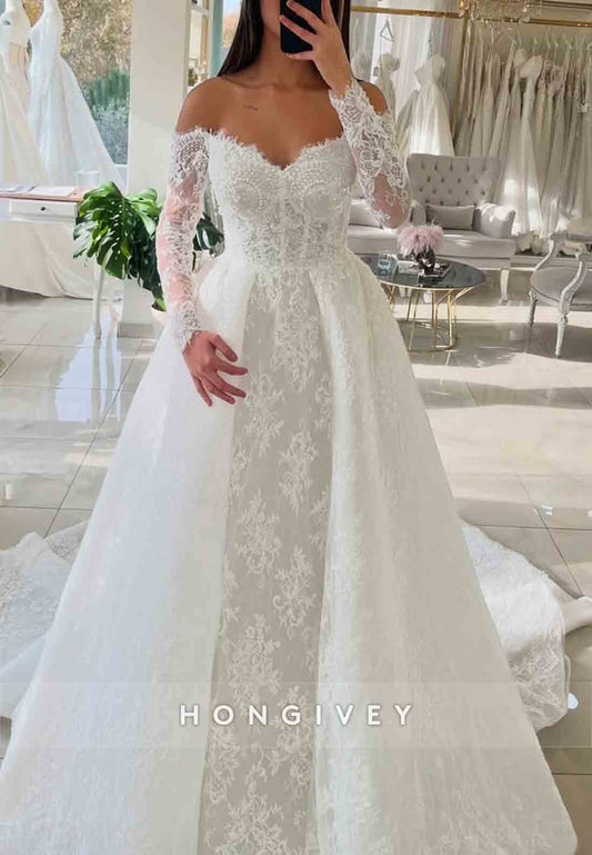 Lace Chapel Train Off the Shoulder Long Sleeves A-Line Wedding Dresses