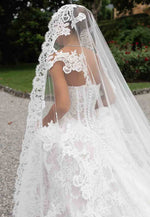 Lace Chapel Train Strapless Ball Gown Empire Covered Button Wedding Dresses