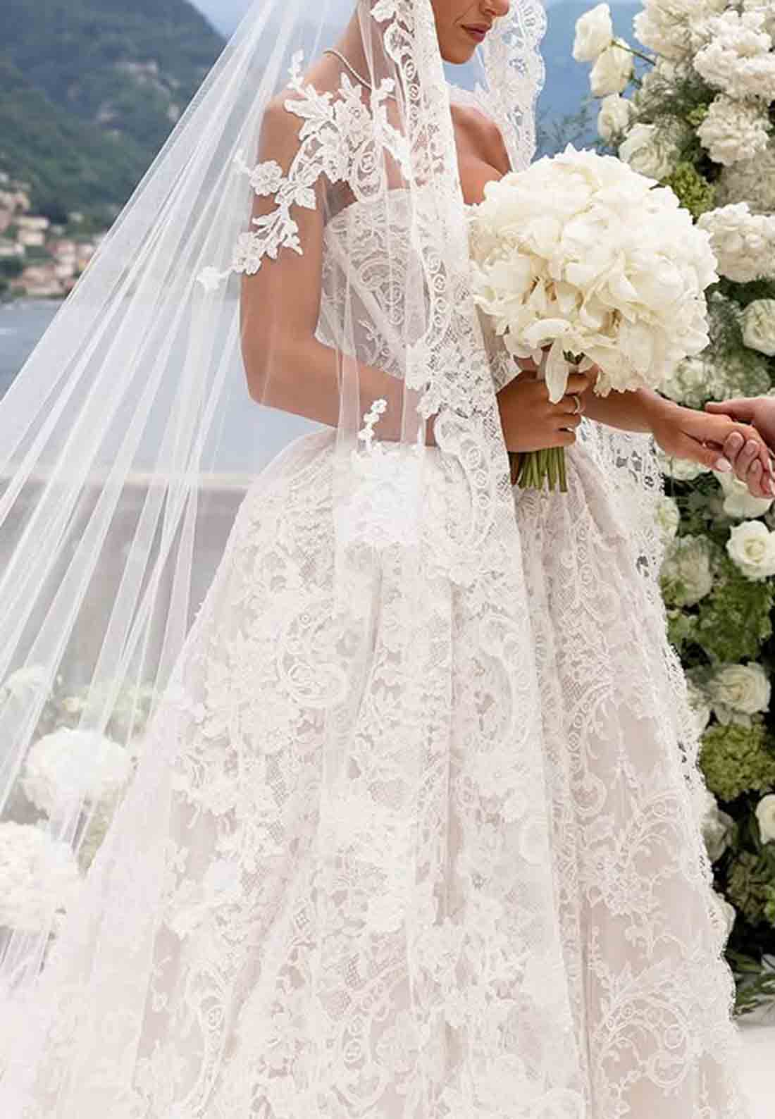 Lace Chapel Train Strapless Ball Gown Empire Covered Button Wedding Dresses