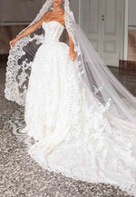 Lace Chapel Train Strapless Ball Gown Empire Covered Button Wedding Dresses