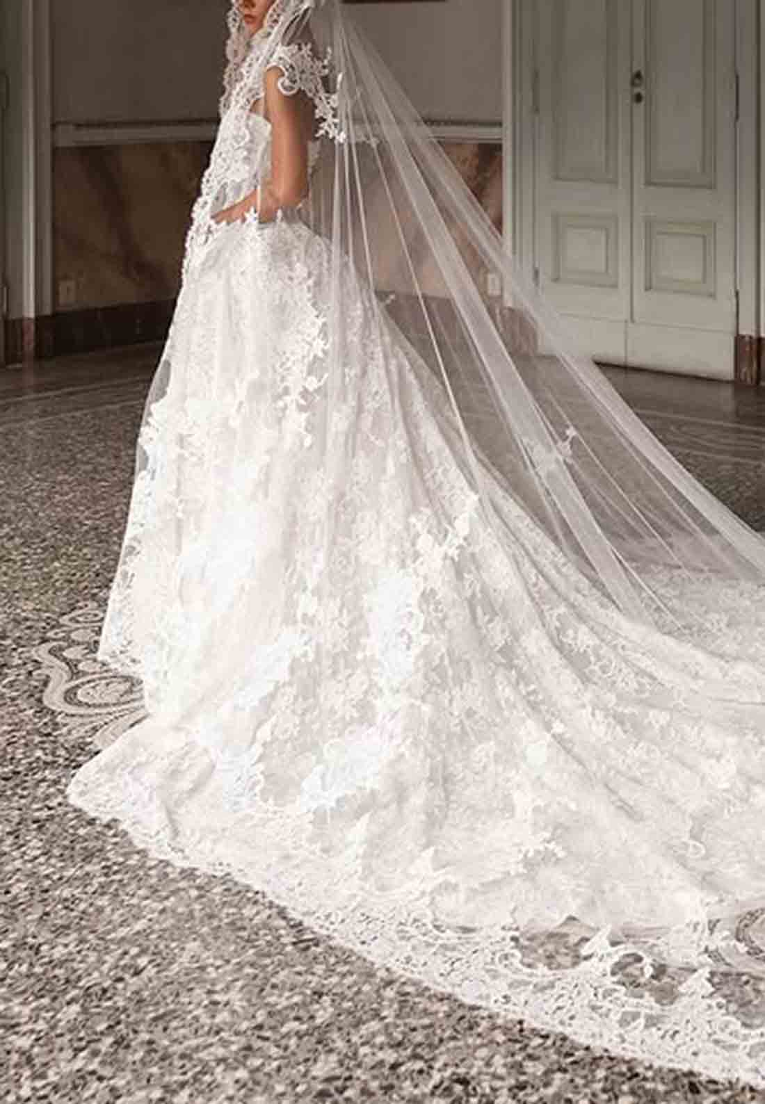 Lace Chapel Train Strapless Ball Gown Empire Covered Button Wedding Dresses