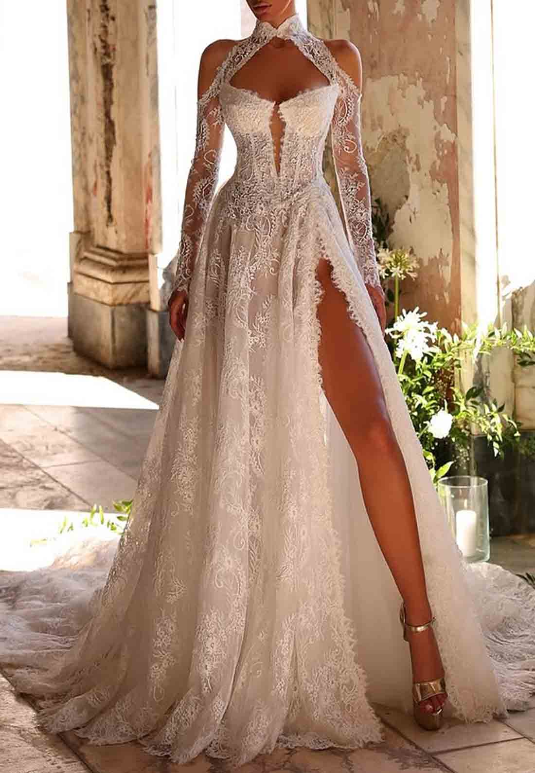High Slit Off-Shoulder Lace Long Sleeves A-Line Court Train Empire Wedding Dresses