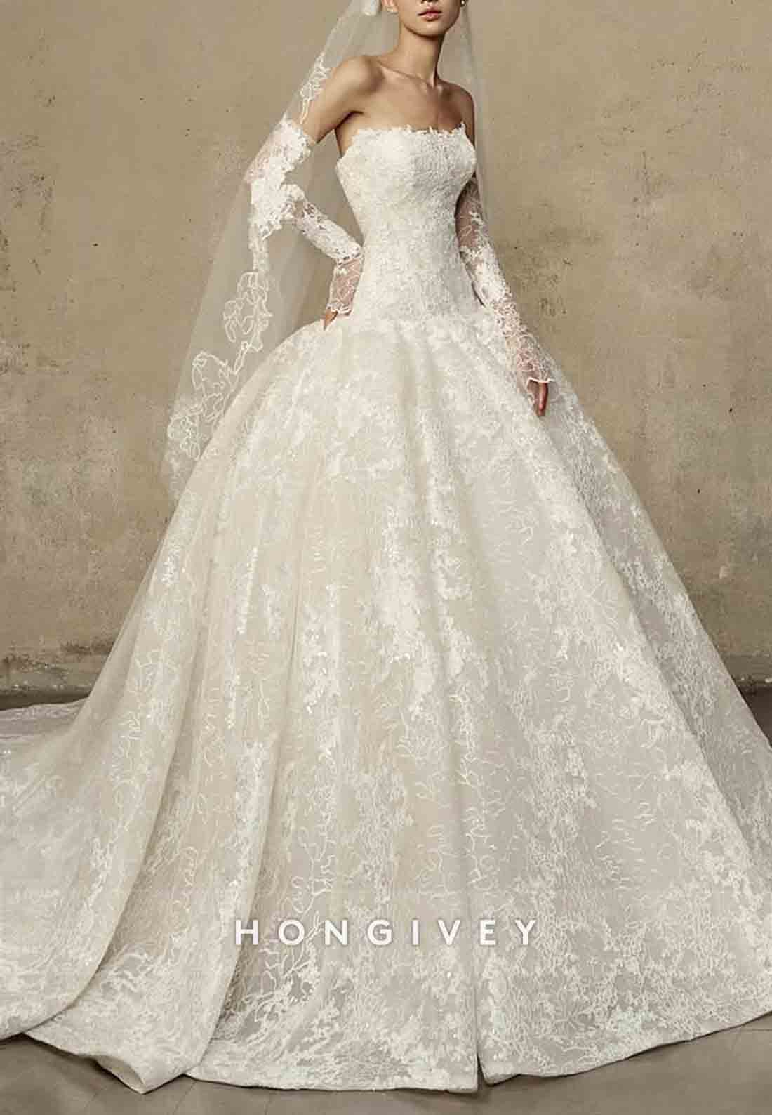 Lace Princess Chapel Train Strapless Crisscross Back Empire Wedding Dresses