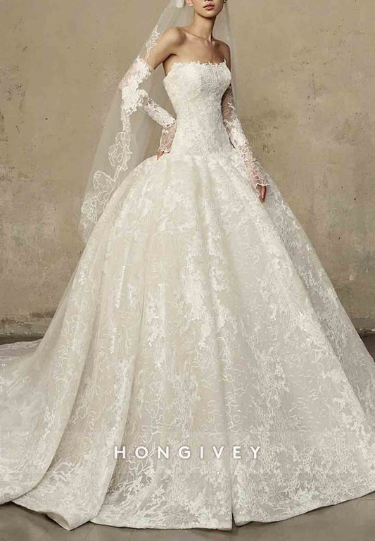 Lace Princess Chapel Train Strapless Crisscross Back Empire Wedding Dresses