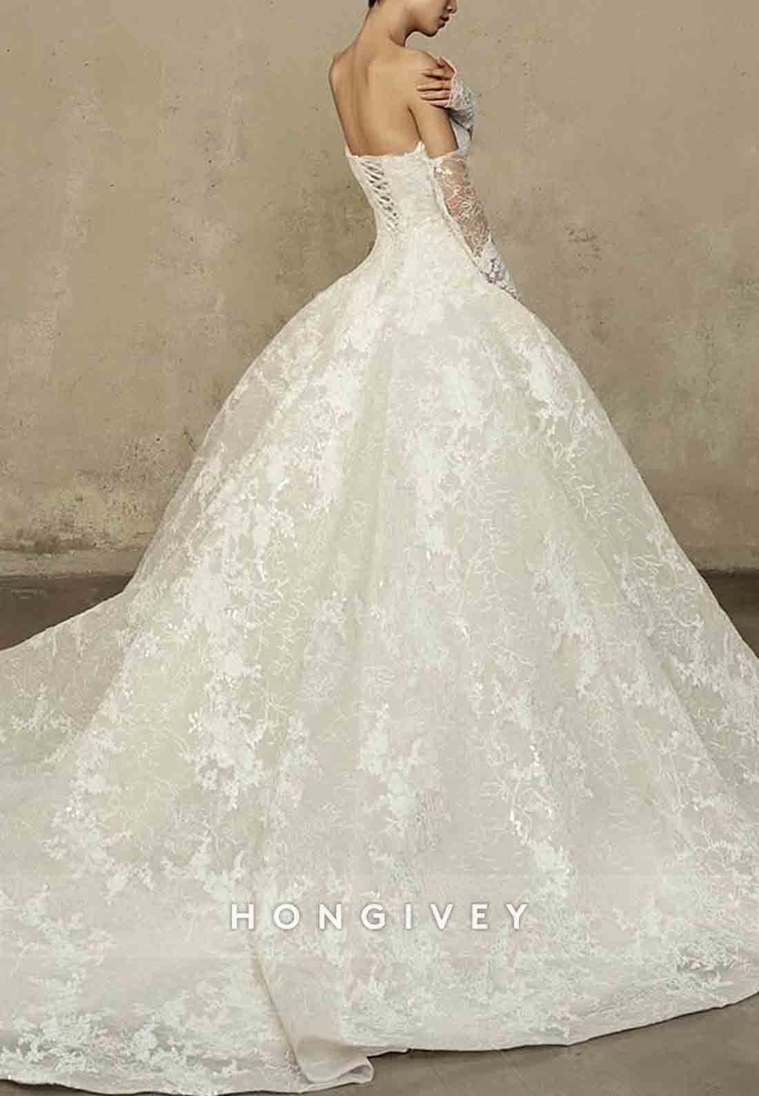 Lace Princess Chapel Train Strapless Crisscross Back Empire Wedding Dresses