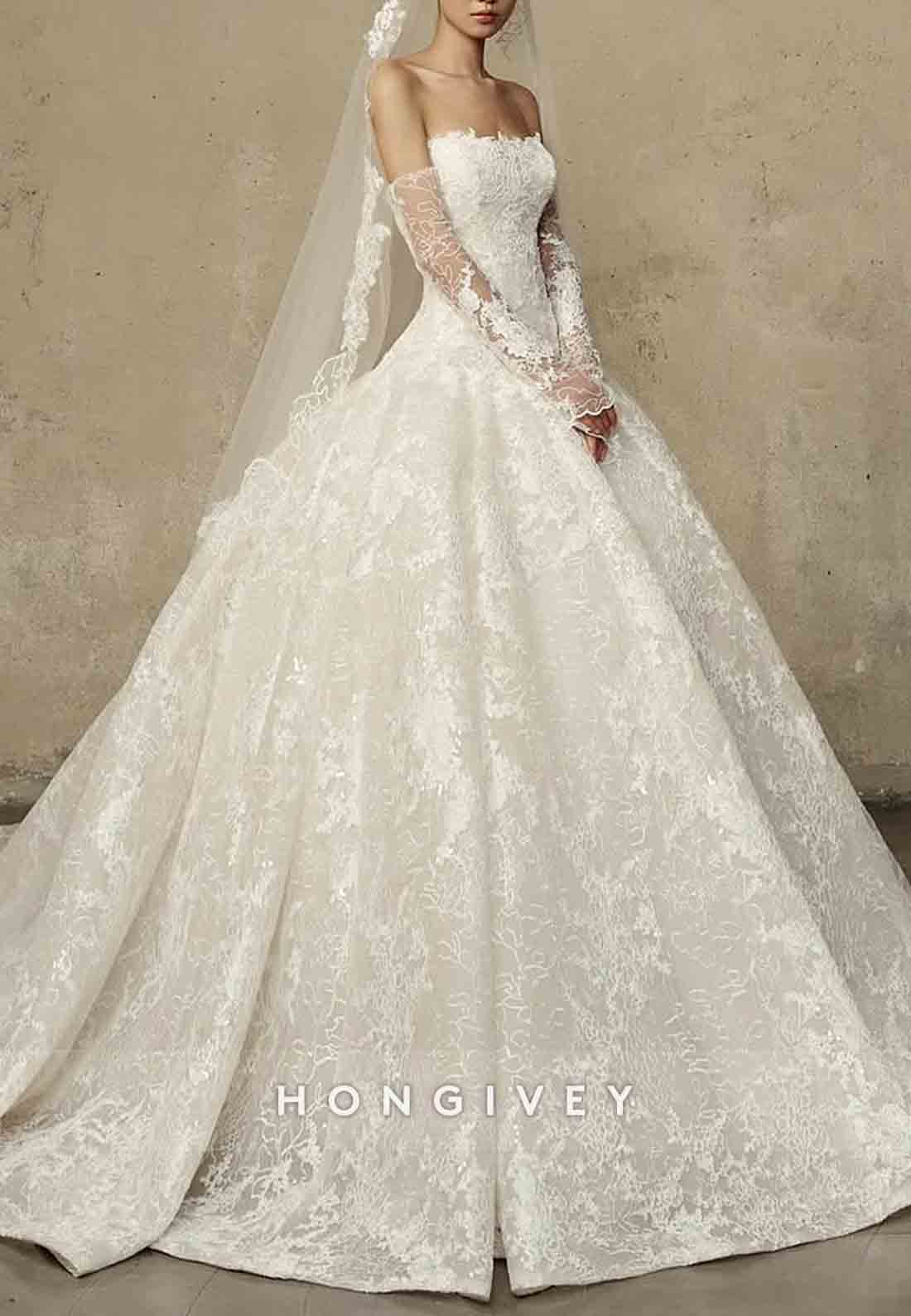 Lace Princess Chapel Train Strapless Crisscross Back Empire Wedding Dresses