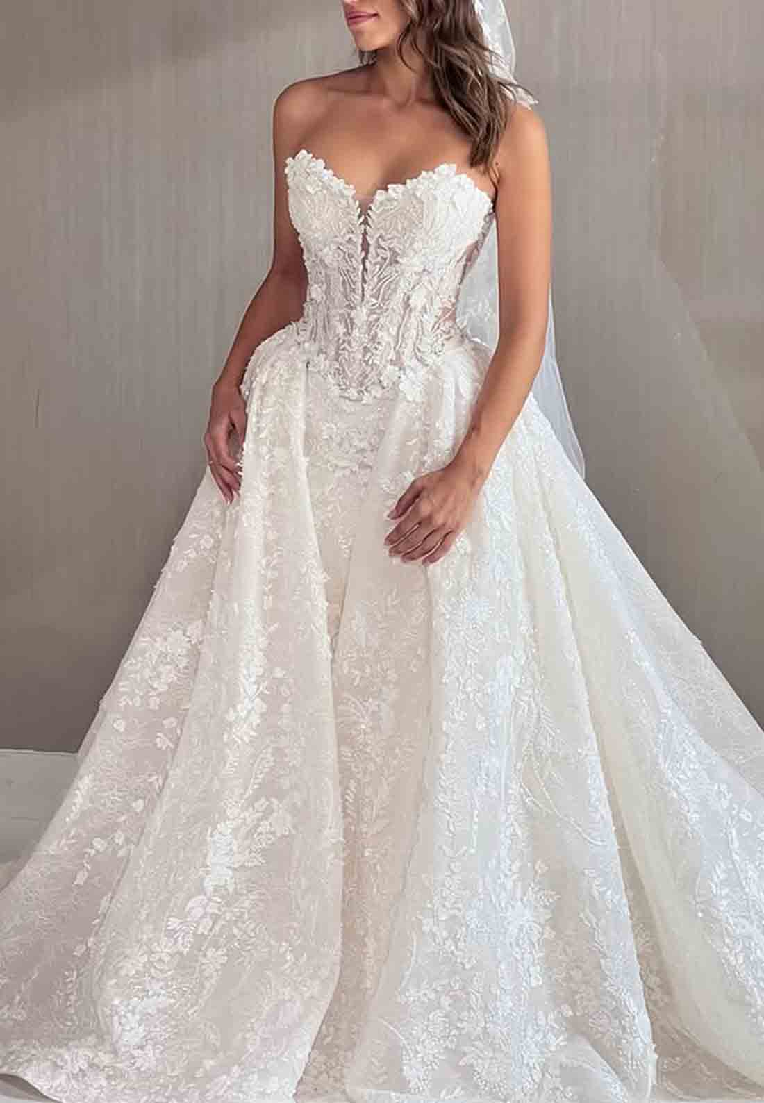 Appliqued Strapless Detachable Sweetheart A-Line Empire Court Train Wedding Dresses