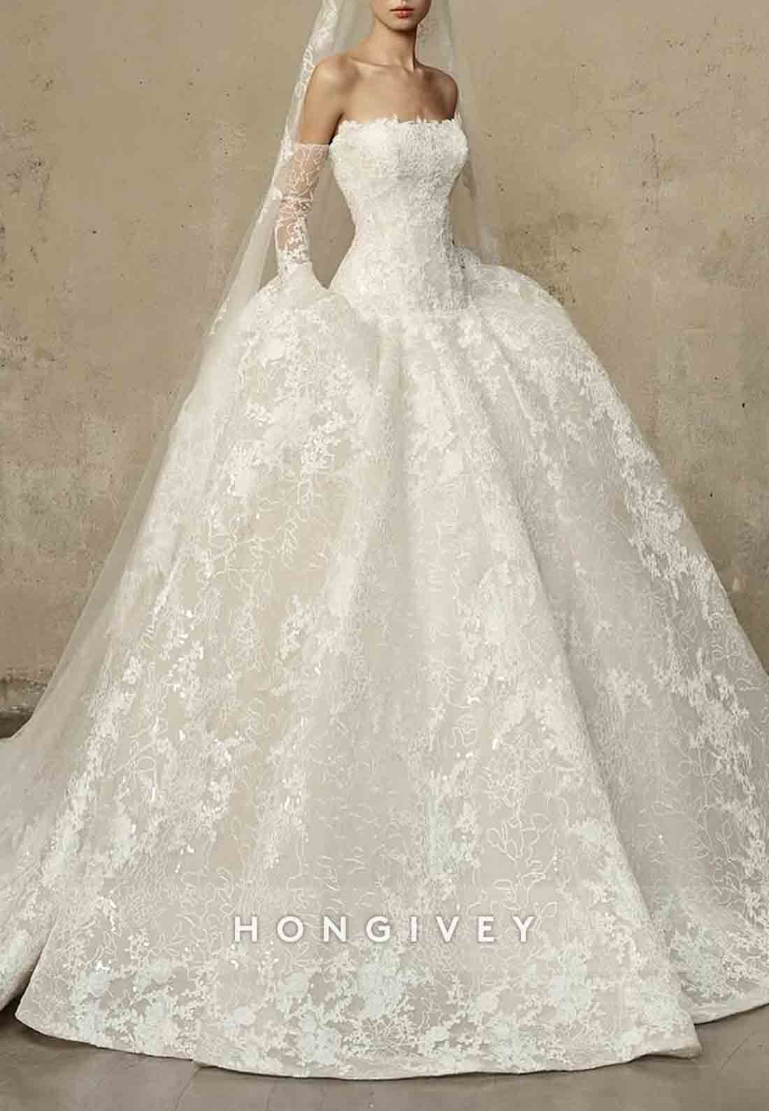 Lace Princess Chapel Train Strapless Crisscross Back Empire Wedding Dresses