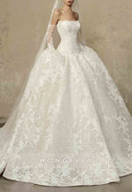 Lace Princess Chapel Train Strapless Crisscross Back Empire Wedding Dresses