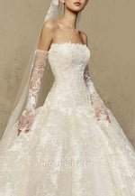 Lace Princess Chapel Train Strapless Crisscross Back Empire Wedding Dresses
