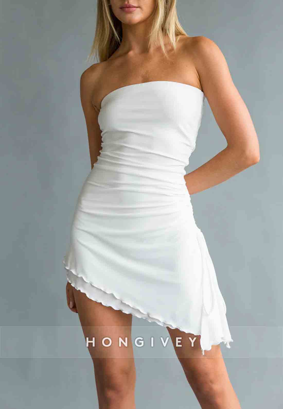 Simple Strapless Asymmetrical Pleated Simple Mini Homecoming Dress