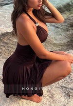 Halter Asymmetrical Low Back Pleated V-Neck Mini Homecoming Dress