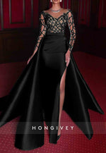 Satin Long Sleeves Detachable Illusion Neck Evening Gowns with Beading