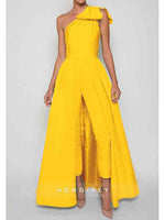 One Shoulder Bow Jumpsuit Detachable Evening Dress