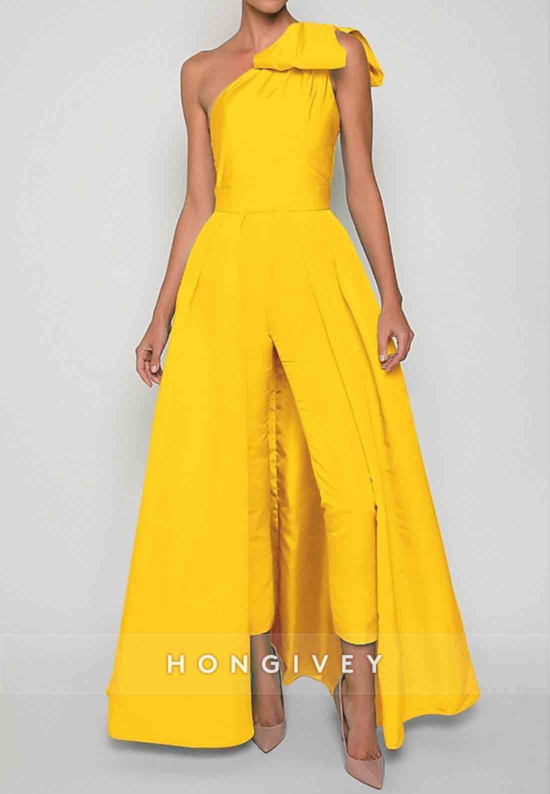 Sleeveless Jumpsuits Evening Gown Formal Wedding Guest One Shoulder Convertible Stretch Fabric with Bow(s) Pleats Overs