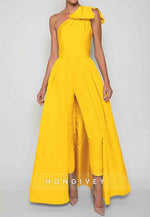 Sleeveless Jumpsuits Evening Gown Formal Wedding Guest One Shoulder Convertible Stretch Fabric with Bow(s) Pleats Overs
